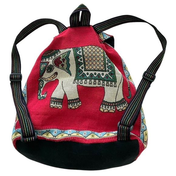 Tibetan Elephant Backpack Drawstring LARGE Red Multicolor Colorful - Picture 3 of 12